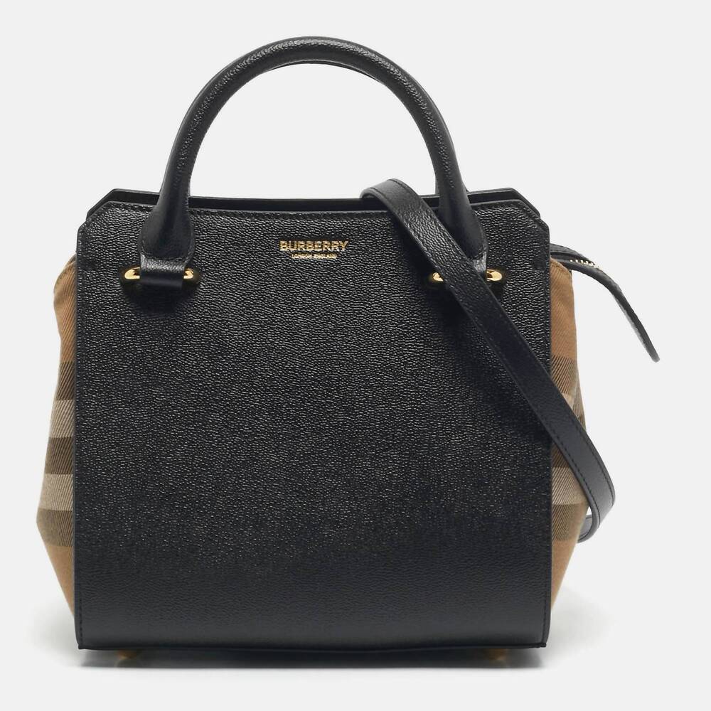 NEW BURBERRY women's banwell mini leather check tote bag in black